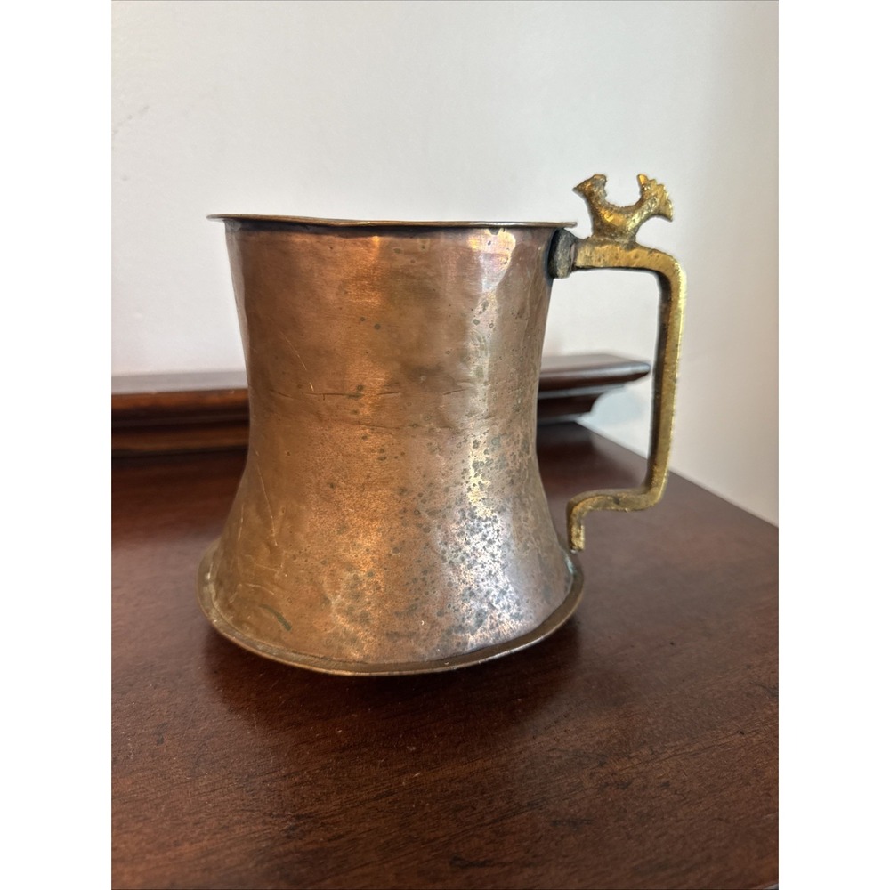 6" Antique Copper Pitcher Jug Mug Hammered Brass Rooster Chicken Handle